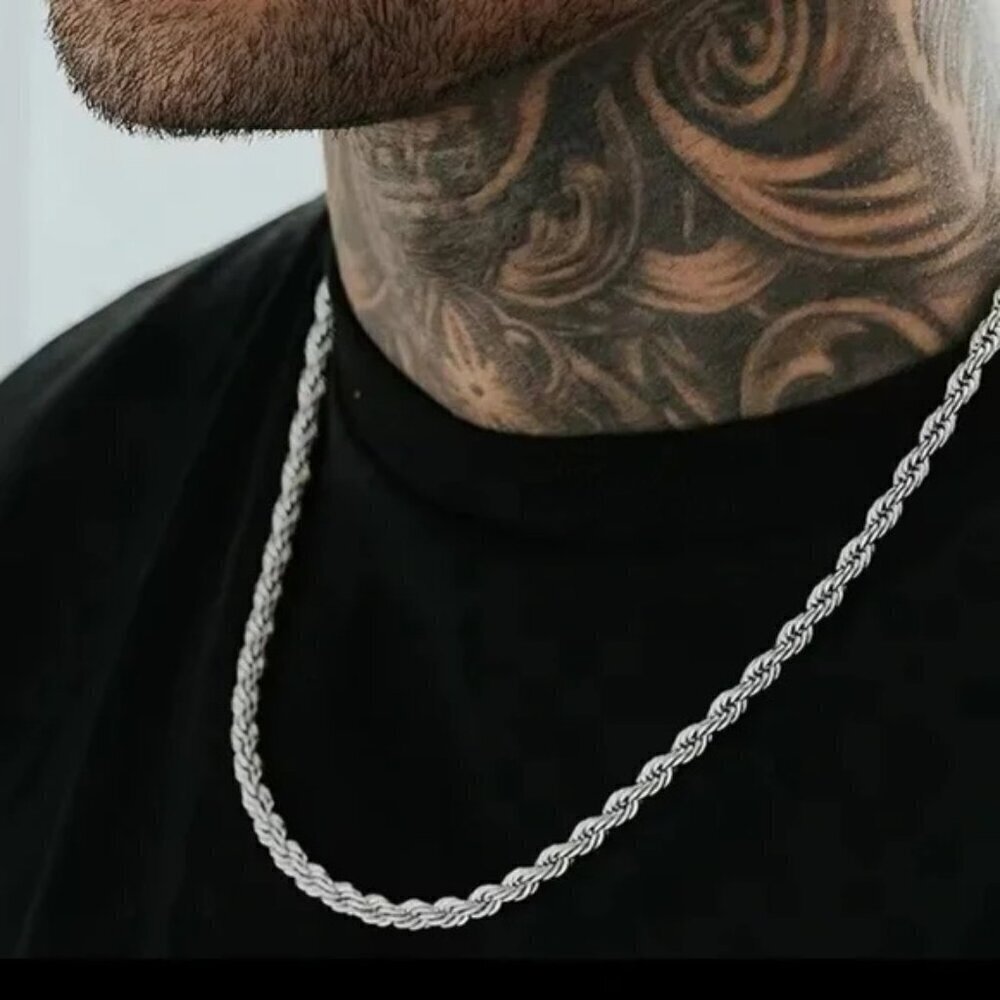 Men Ropes Long Silver Stainless Steel Minimalist Twist Rope Chain Necklace